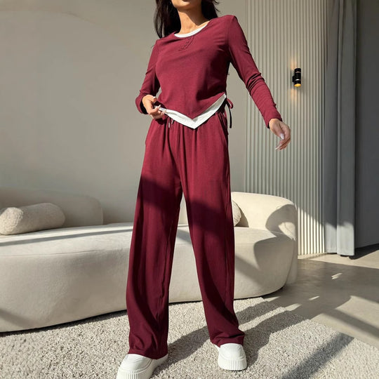 Damen lässiges Freizeit-Set mit Knopfdetails und elastischem Bund EB