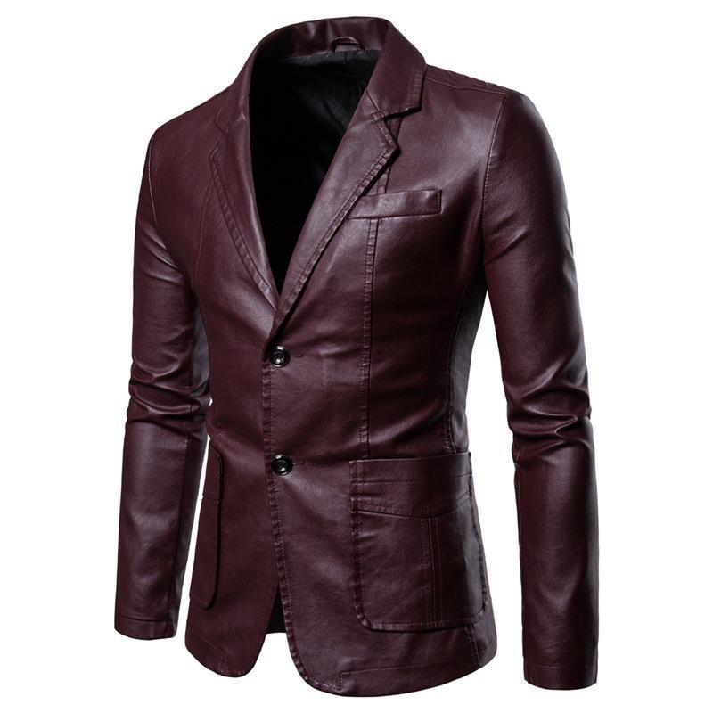Herren nan schlanker Lederblazer mit Reverskragen und aufgesetzten Taschen EB