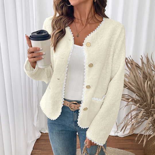 Damen weiche Teddyjacke mit Spitzenverzierung EB