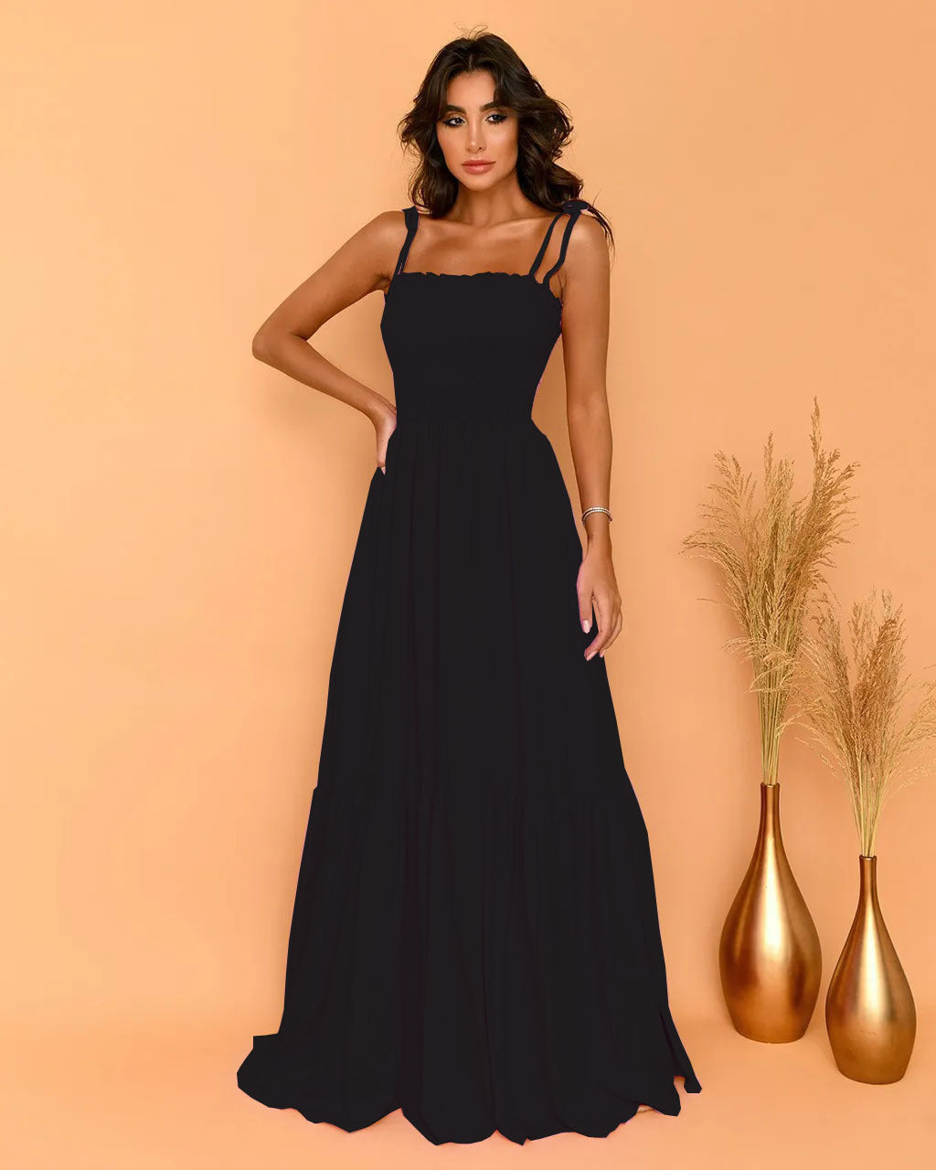Damen luftiges Maxikleid mit Spaghetti-Trägern und Rüschendetails EB