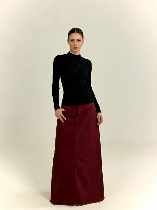 Damen nan langer High-Waist Denim-Maxirock mit gerader Silhouette und rohem Saum EB