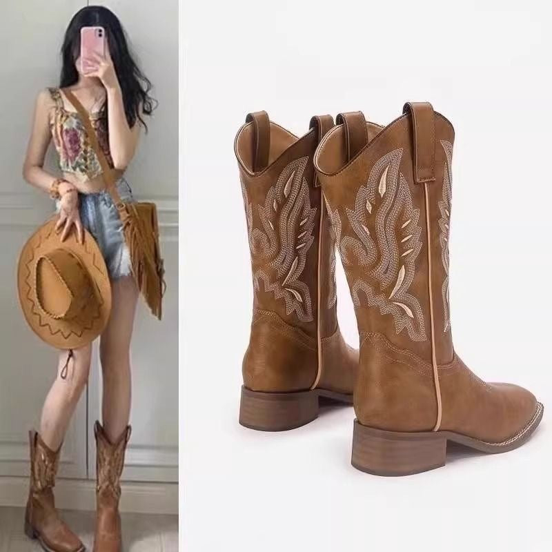 Damen Westernstiefel mit filigraner Stickerei und bequemem Blockabsatz EB