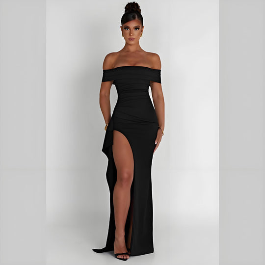 Damen Off-Shoulder Maxikleid mit elegantem Schlitz und figurformendem Schnitt EB