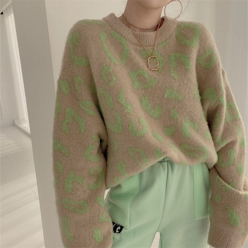 Damen Flauschiger Leopardenmuster Pullover EB