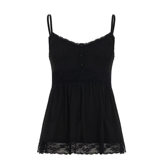 Damen Spaghetti-Trägertop mit romantischer Spitzenverzierung und knopfbarem Detail EB