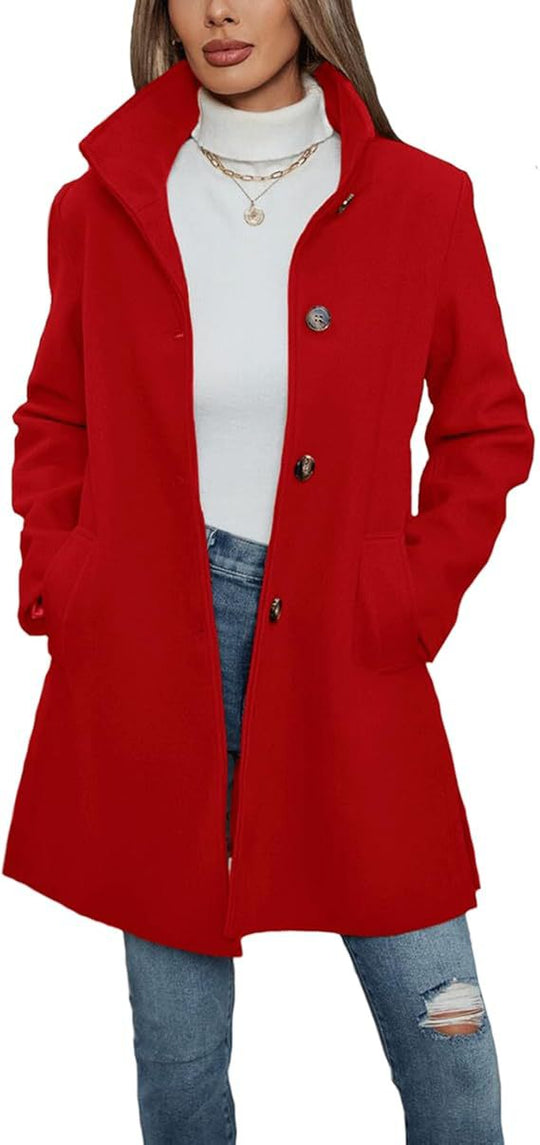Damen Eleganter Wollmantel mit Hochgeschlossenem Kragen und Praktischen Taschen EB