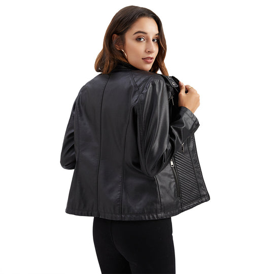 Damen nan taillierte Bikerjacke aus Kunstleder mit Stepppaneelen und Stehkragen EB