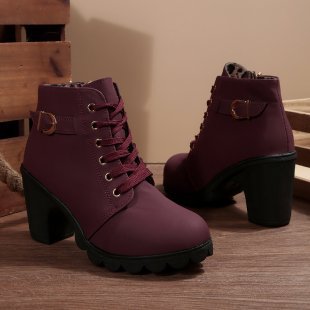 Damen nan knöchelhohe Schnür-Stiefelette mit seitlichem Reißverschluss, dekorativer Gürtelschlaufe, mittelhohem Blockabsatz und profilstarker Laufsohle EB