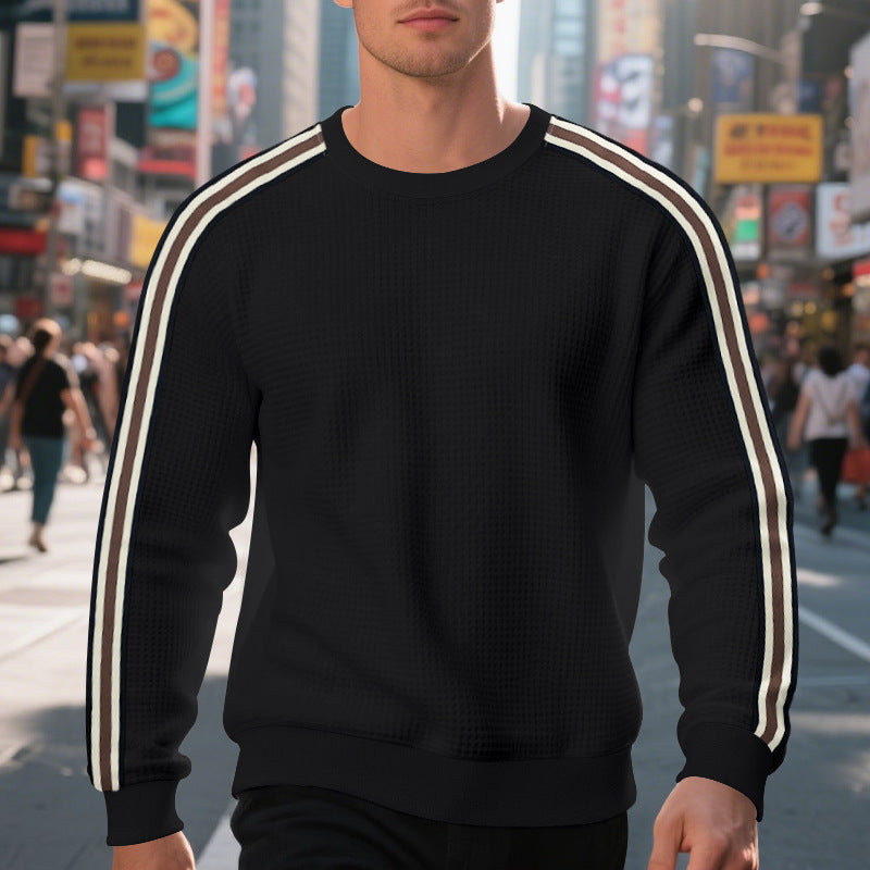 Herren Waffelstrick-Pullover mit kontrastierenden Ärmelstreifen und Rundhalsausschnitt EB