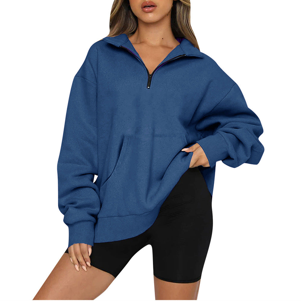 Damen nan Oversize-Halbzip-Kapuzenpullover mit Kängurutasche und verlängertem Saum EB