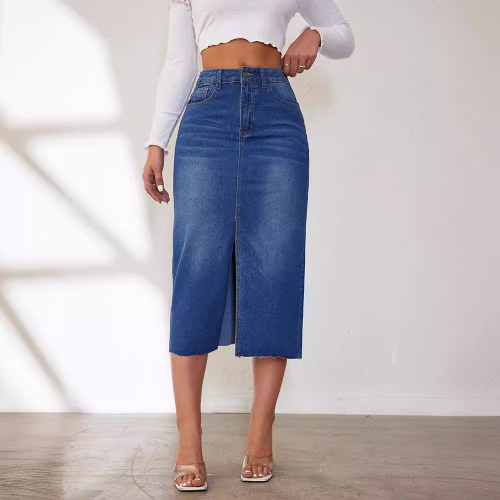 Damen Jeansrock mit hoher Taille und seitlichem Schlitz EB