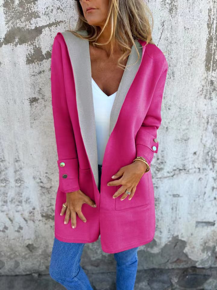 Damen modische Longjacke mit großzügiger Kapuze und praktischen Taschen EB