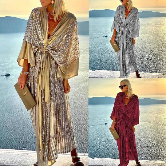 Damen Glitzerndes Maxikleid mit elegantem Wickeldesign und fließenden Ärmeln EB