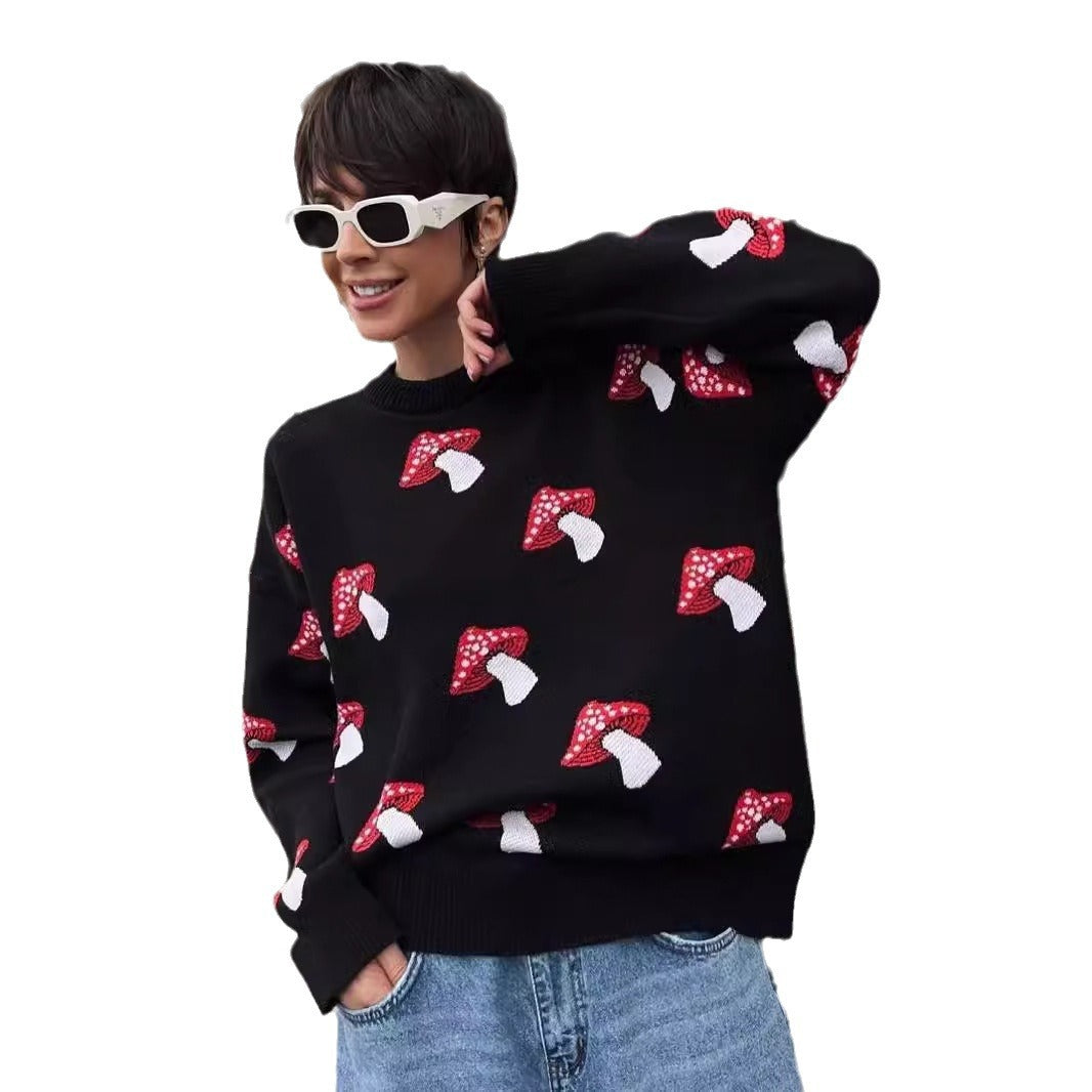 Damen weiter Strickpullover mit Pilzmotiv Rundhals Rippbündchen Eichborn Berlin