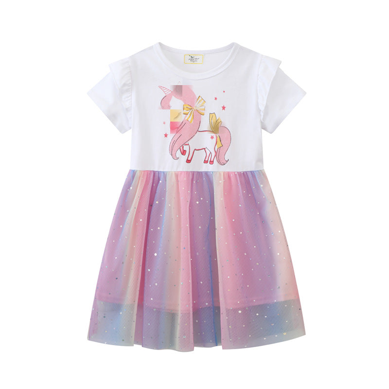 Mädchen Tüllkleid mit Einhorn-Applikation und buntem Glitzertüll EB