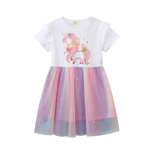 Mädchen Tüllkleid mit Einhorn-Applikation und buntem Glitzertüll EB