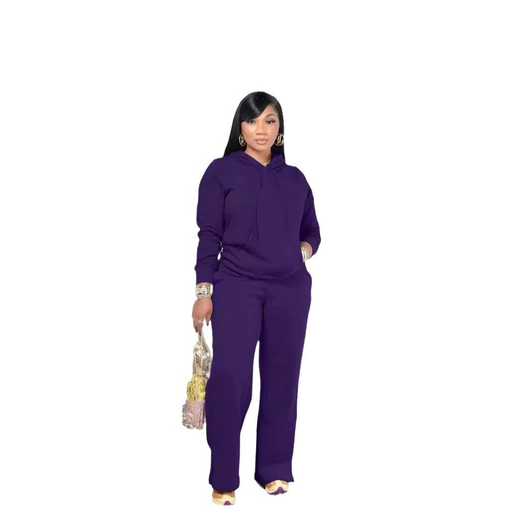 Damen nan Relax-Loungewear-Set mit weitem Highwaist-Palazzo-Jogger, Kapuzenpullover mit Kängurutasche und seitlichem Saumschlitz EB