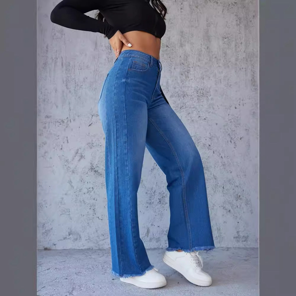 Damen Hochtaillierte Mom-Jeans mit lässigem Schnitt und fransigem Saum EB