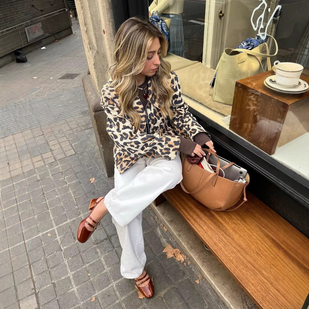 Damen Cropped Jacke im Leopardenmuster mit Druckknöpfen EB