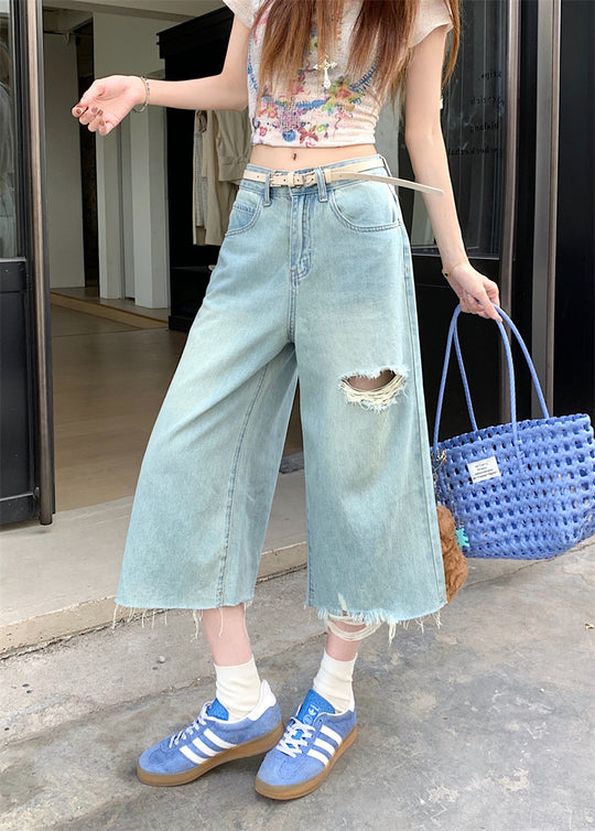 Damen Weite Denim-Hosen mit Rissdetails EB