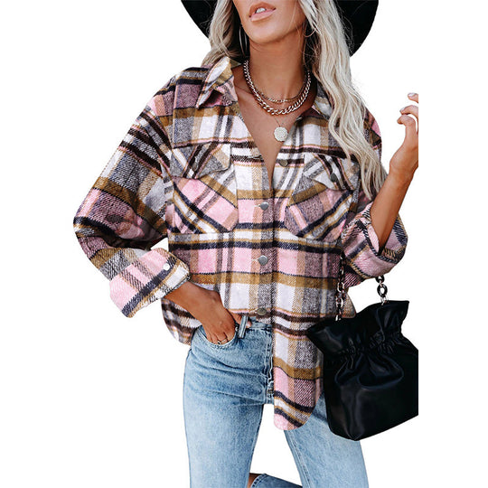 Damen Oversized Flanellbluse mit kariertem Muster und Knopfdetails EB