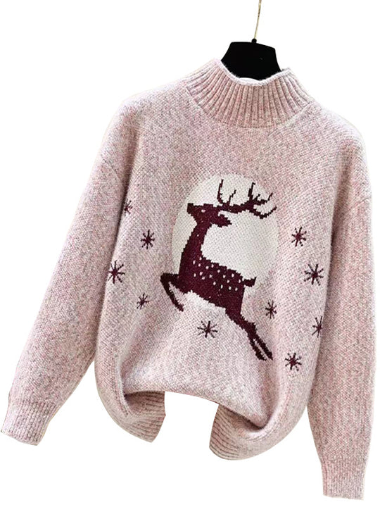 Damen Kuscheliger Rollkragenpullover mit festlichem Rentierdesign EB