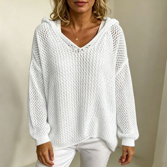 Damen Grobgestrickter V-Ausschnitt-Pullover mit Kapuze und Lochmuster EB