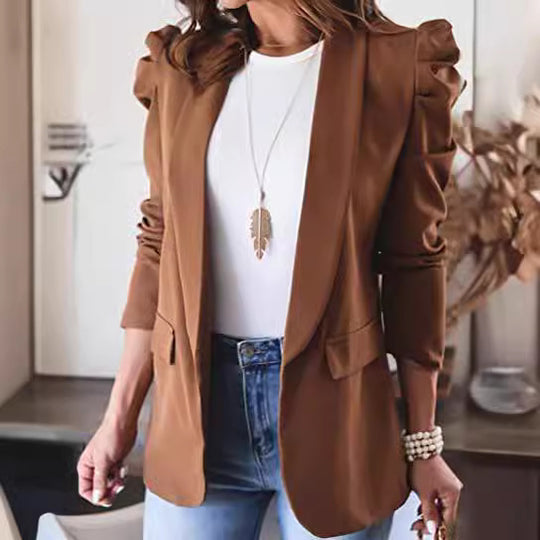 Damen Elegant geschnittene Blazerjacke mit Puffärmeln und stilvollen Taschen EB
