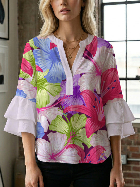 Damen Blusenshirt mit voluminösen Ärmeln und floralem Muster EB