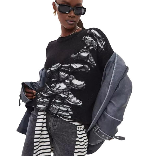 Damen grob gestrickter Oversized-Pullover mit einzigartiger Transparenzstruktur und modernen Akzenten EB