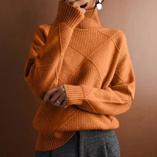 Damen hochwertiger Strickpullover mit stehendem Kragen und extravagantem Rautenmuster EB