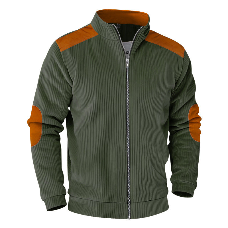 Herren nan gerippte Stehkragen-Sweatjacke mit durchgehendem Reißverschluss, Schulter- und Ellbogen-Patches EB