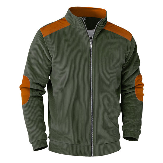 Herren nan gerippte Stehkragen-Sweatjacke mit durchgehendem Reißverschluss, Schulter- und Ellbogen-Patches EB