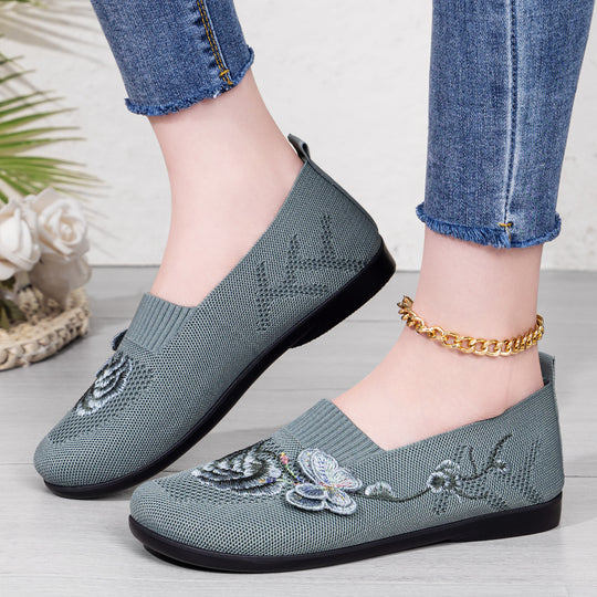 Damen nan bestickter Strick-Slipper mit sockenähnlichem Einstieg, floralem Stickmotiv und gedämpfter Leichtsohle EB