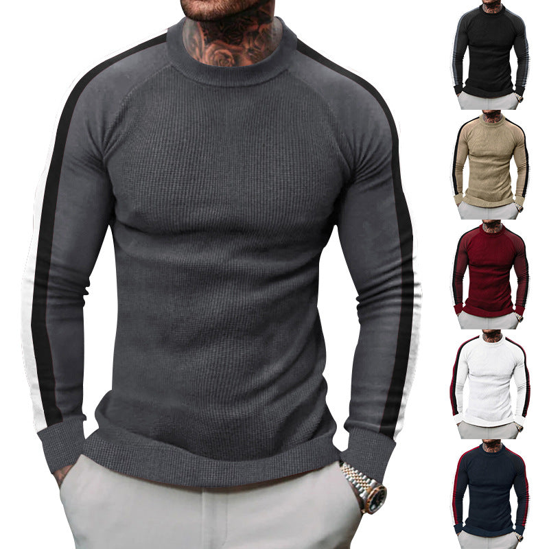 Herren sportlicher Strickpullover mit kontrastierenden Ärmeln und hohem Kragen EB