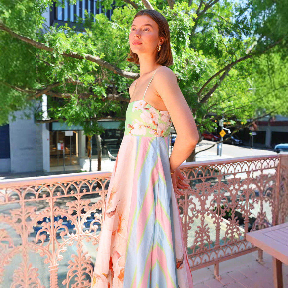 Damen Maxikleid mit mehrfarbigem floralen Design und schicker Streifenoptik EB