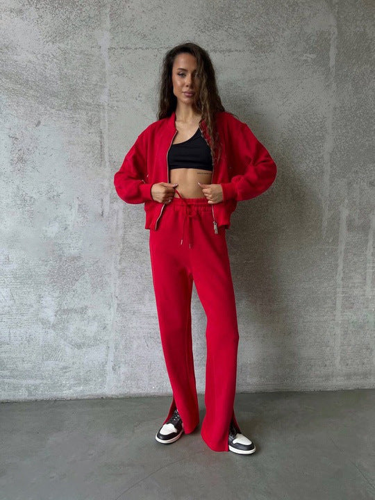 Damen Loungewear-Set mit Kurzzip-Jacke und High‑Waist‑Jogginghose mit Seitenschlitz EB