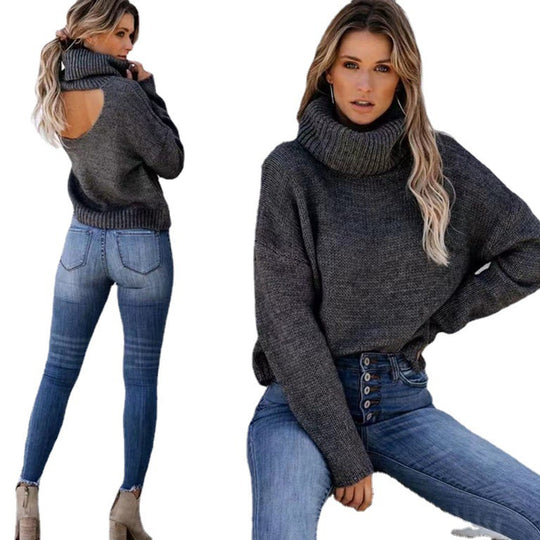 Damen Strickpullover mit hohem Kragen und lässigem Schnitt EB