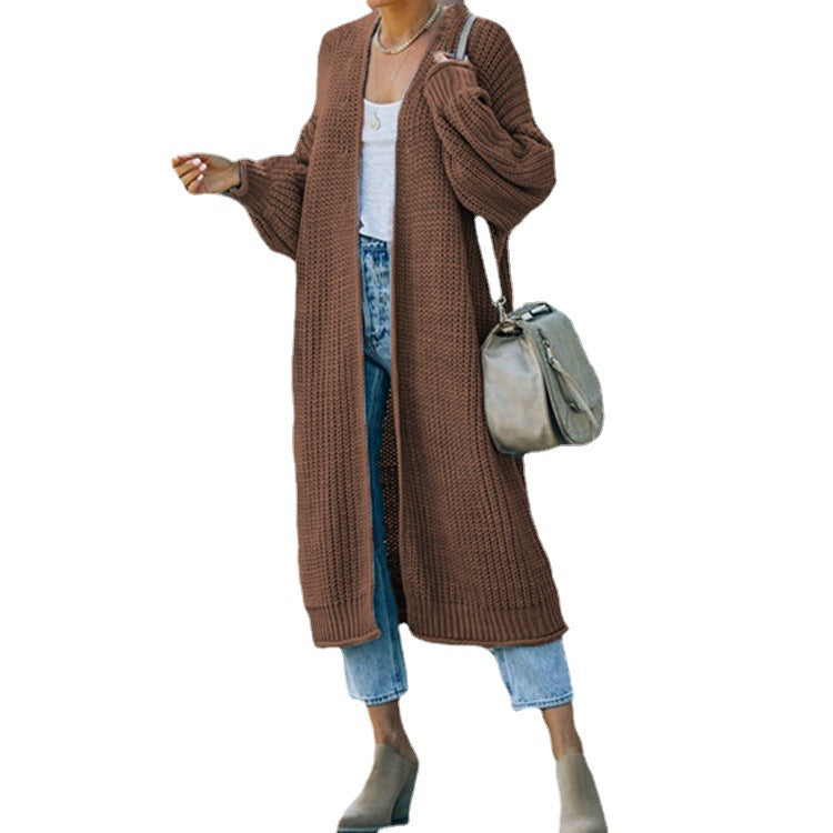 Damen Langer Strickmantel mit offener Front und lässigem Schnitt EB