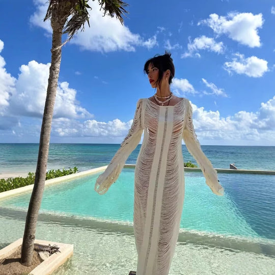 Damen elegantes Strandkleid mit raffinierten Fransen und transparenten Elementen EB