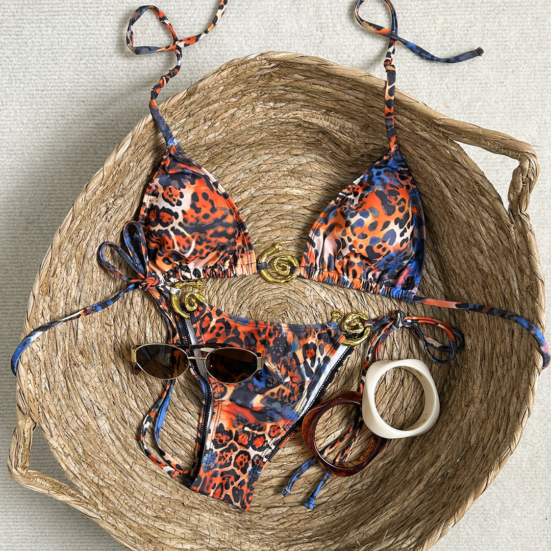 Damen Triangel-Bikini mit verstellbaren Trägern und animalischem Muster EB