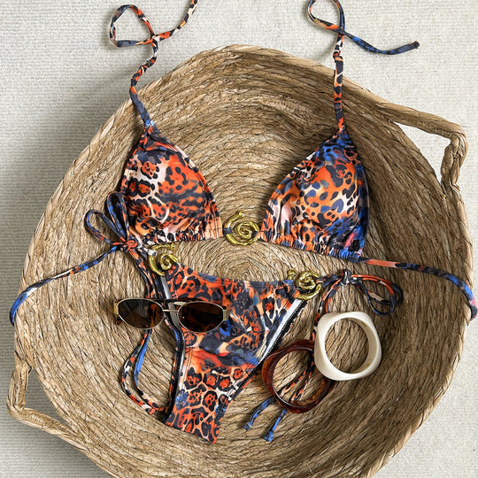 Damen Triangel-Bikini mit verstellbaren Trägern und animalischem Muster EB