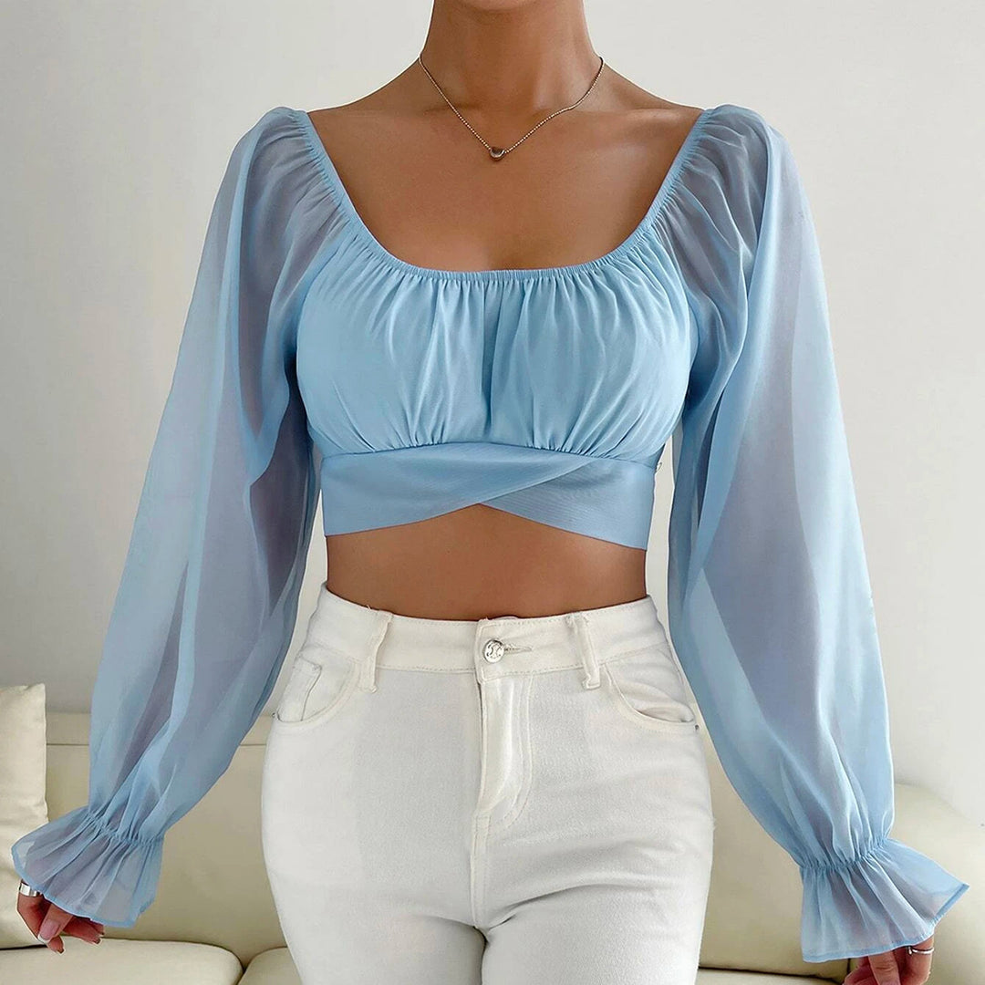 Damen Cropped Bluse mit Puffärmeln und raffiniertem Schnitt EB