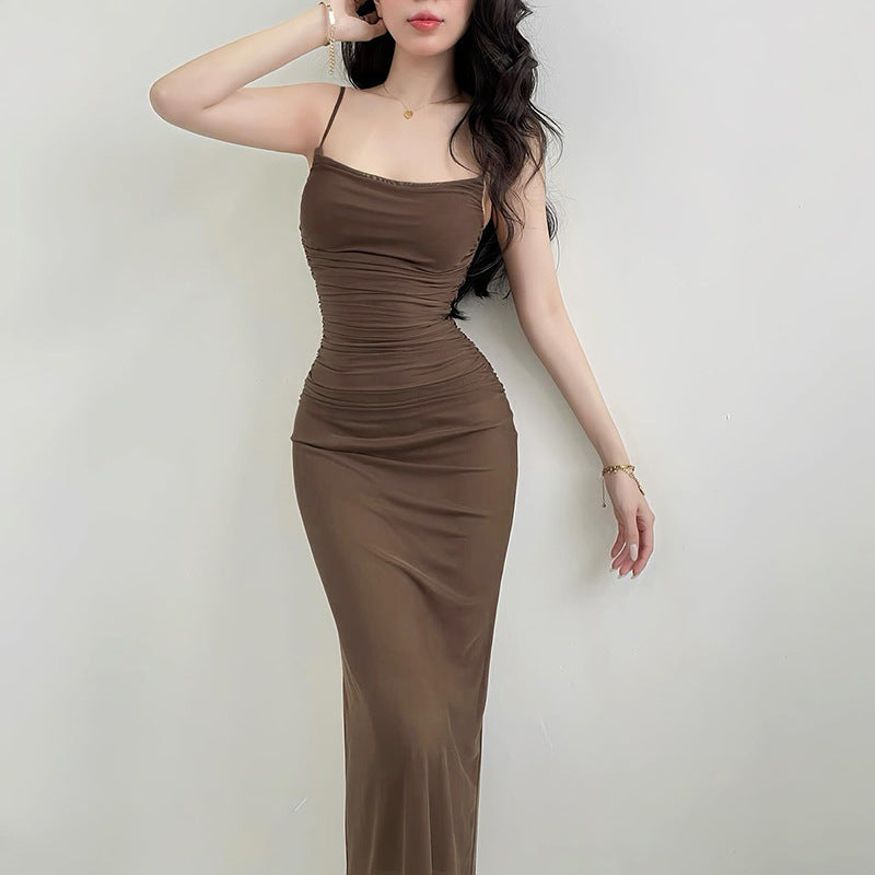 Damen elegantes Maxikleid mit raffinierten Rüschendetails und schmalen Spaghettiträgern EB