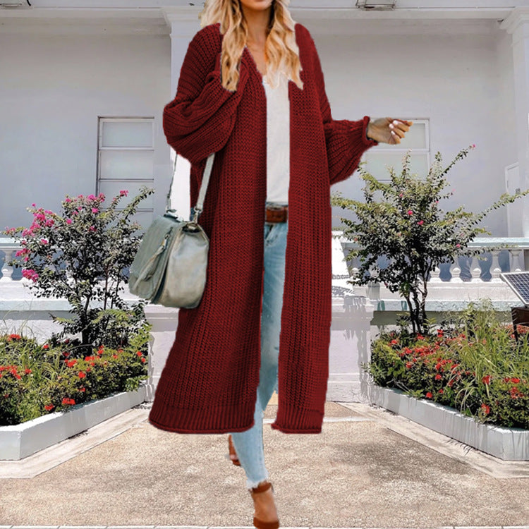 Damen Strickmantel mit offenem Design und voluminösen Ärmeln EB