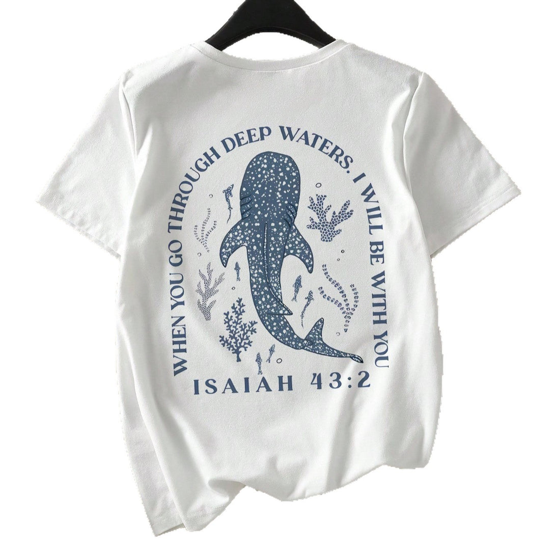 Damen T-Shirt mit kreativem Wahlspruch und kunstvollem Hai-Motiv EB