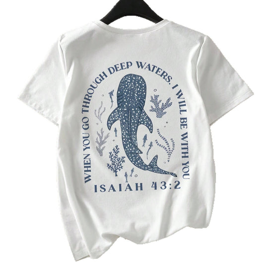 Damen T-Shirt mit kreativem Wahlspruch und kunstvollem Hai-Motiv EB