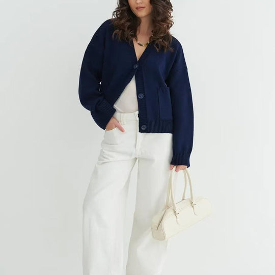 Damen Lässiger Strickcardigan mit gerippten Ärmeln und Rundhalsausschnitt EB
