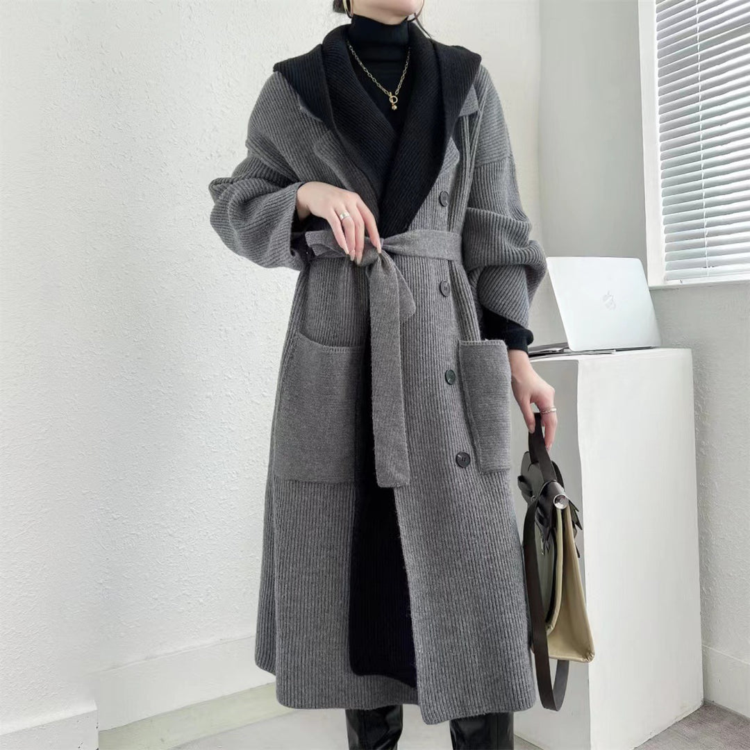 Damen Eleganter langer Mantel mit Gürtel und kontrastierenden Ärmeln EB