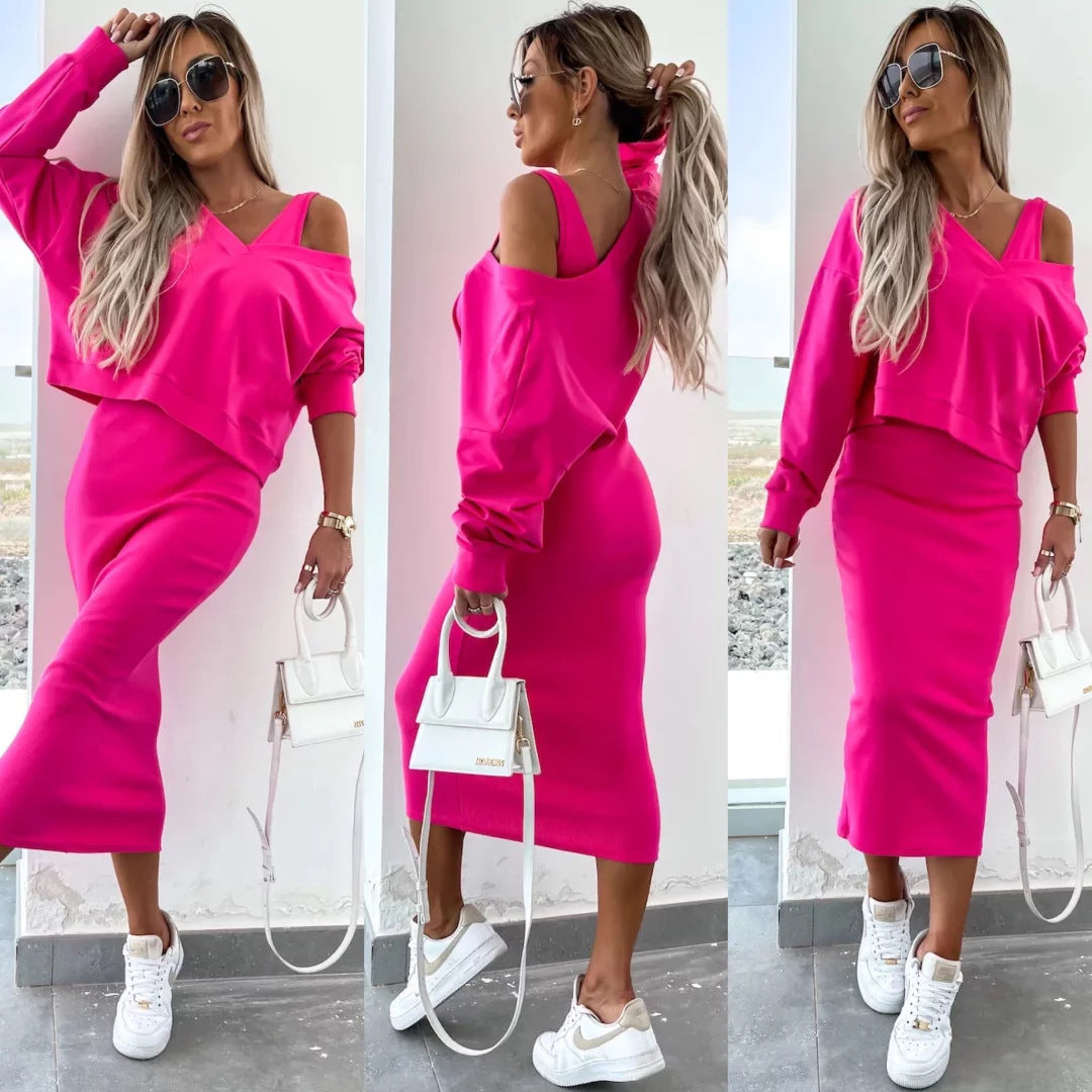 Damen nan zweiteiliges Midirock-Set mit off-shoulder Oversize-Sweatshirt und figurbetontem Bleistiftrock EB